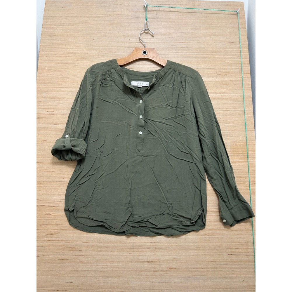 LOFT Petites Olive Green Henley Roll Tab Sleeve Blouse Top SP Utility Casual